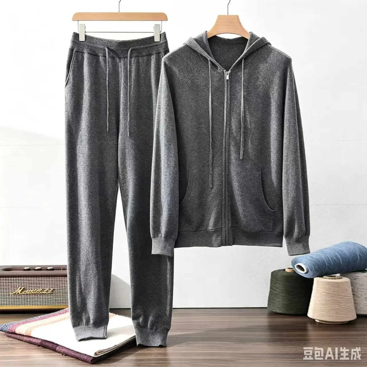 High quality 100% cashmere men's suit hooded collar cardigan jacket casual loose knit pants pocket two-piece set thin sports