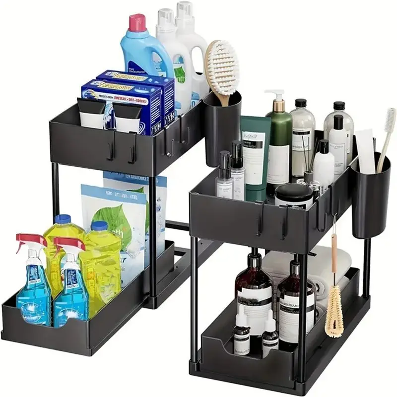 

ABMO Organizer Rack, Sliding Cabinet Basket Drawer, Multi-Purpose Storage For Kitchen, Bathroom - Black