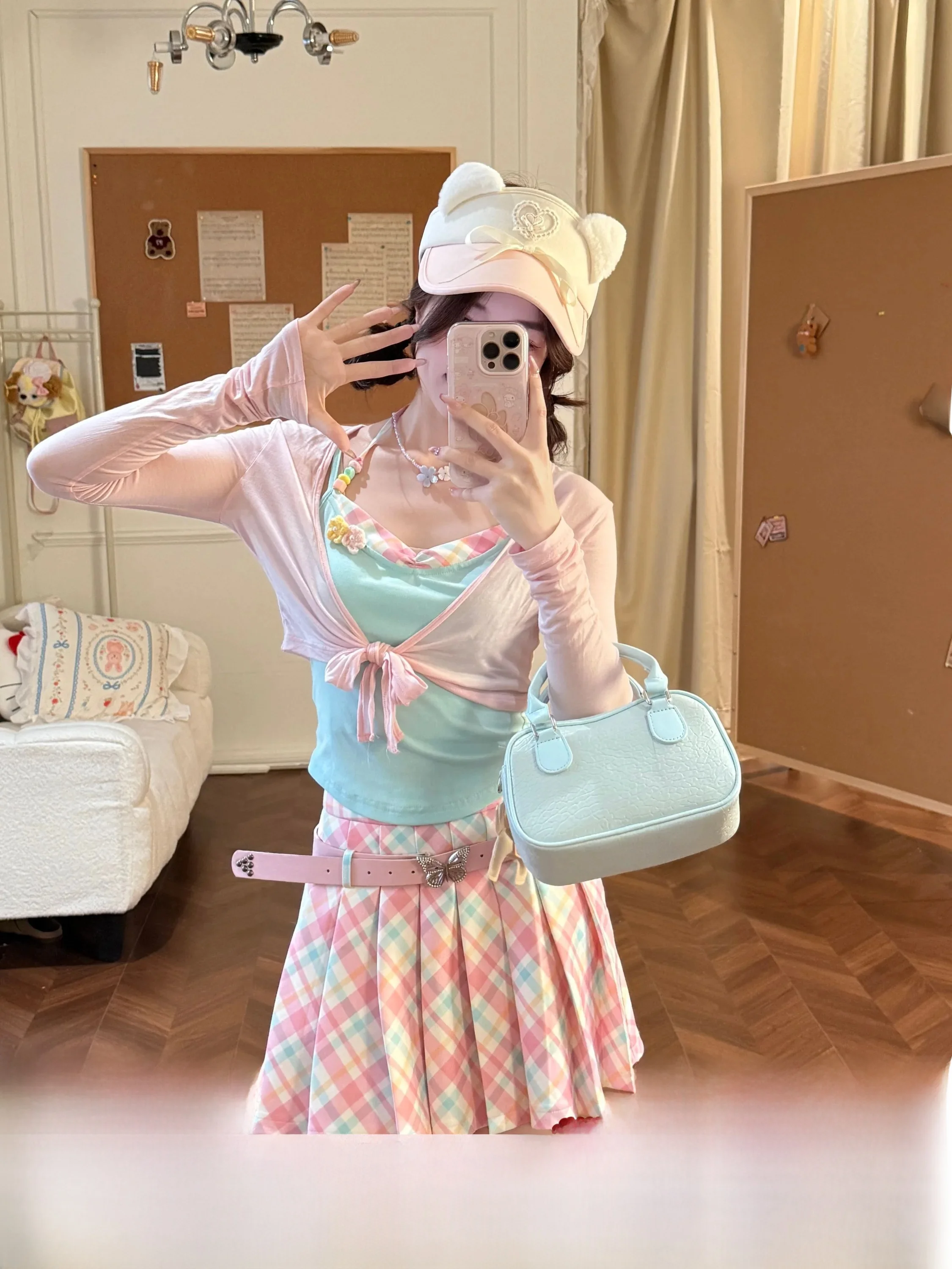 Retro Plaid Halterneck Set Rainbow Candy Dopaamine Pink Summer Girl  Skirt Three-Piece Suit Casual Fashion Student Uniform