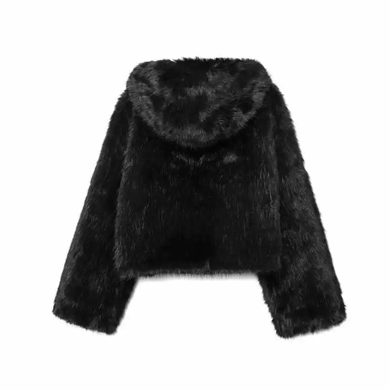 ZXRYXGS 2025 New Autumn Winter Fashionable Coats Black Jackets Versatile Loose and Slimming Hooded Faux Fur  Jacket