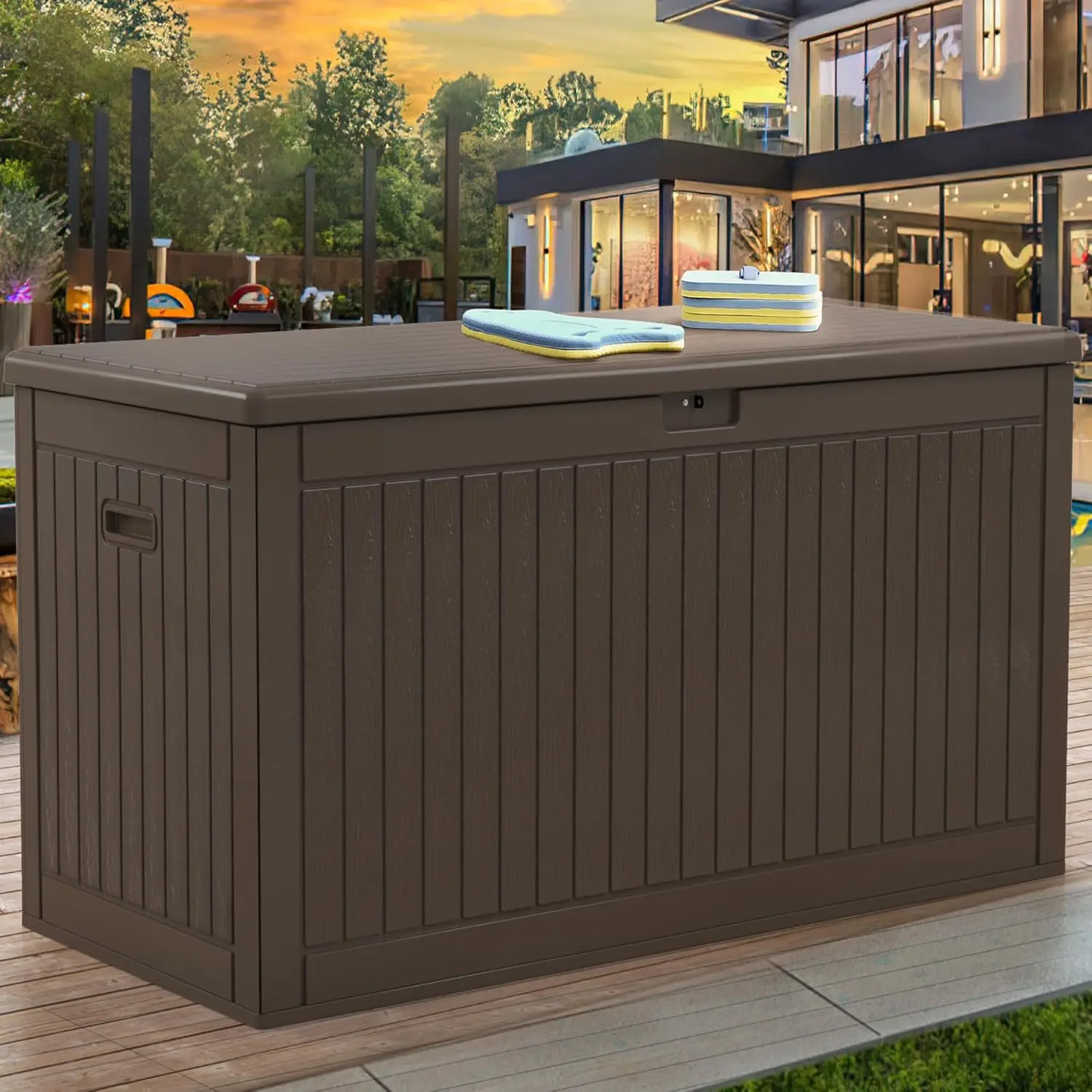 260 Gallon Large Deck Box with Divider & Side Handles, Outdoor Double-Wall Storage for Patio Furniture Cushions, Garden Pool Acc