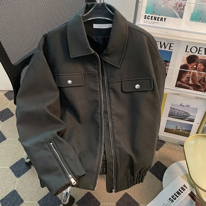 Maillard Brown Biker Jacket For Men Cardigan Retro Zip Loose Street Style Design Cool Leather Outerwear