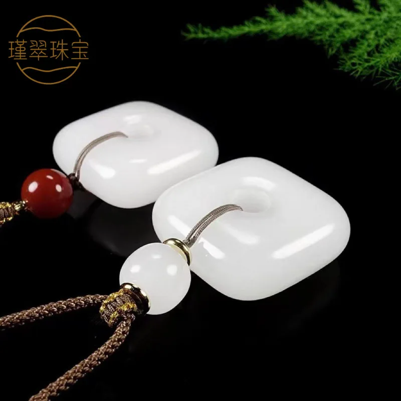 Xinjiang Hotan White Sheep Fat Gold Thread Jade Antique Style Peace Buckle Square Pendant
