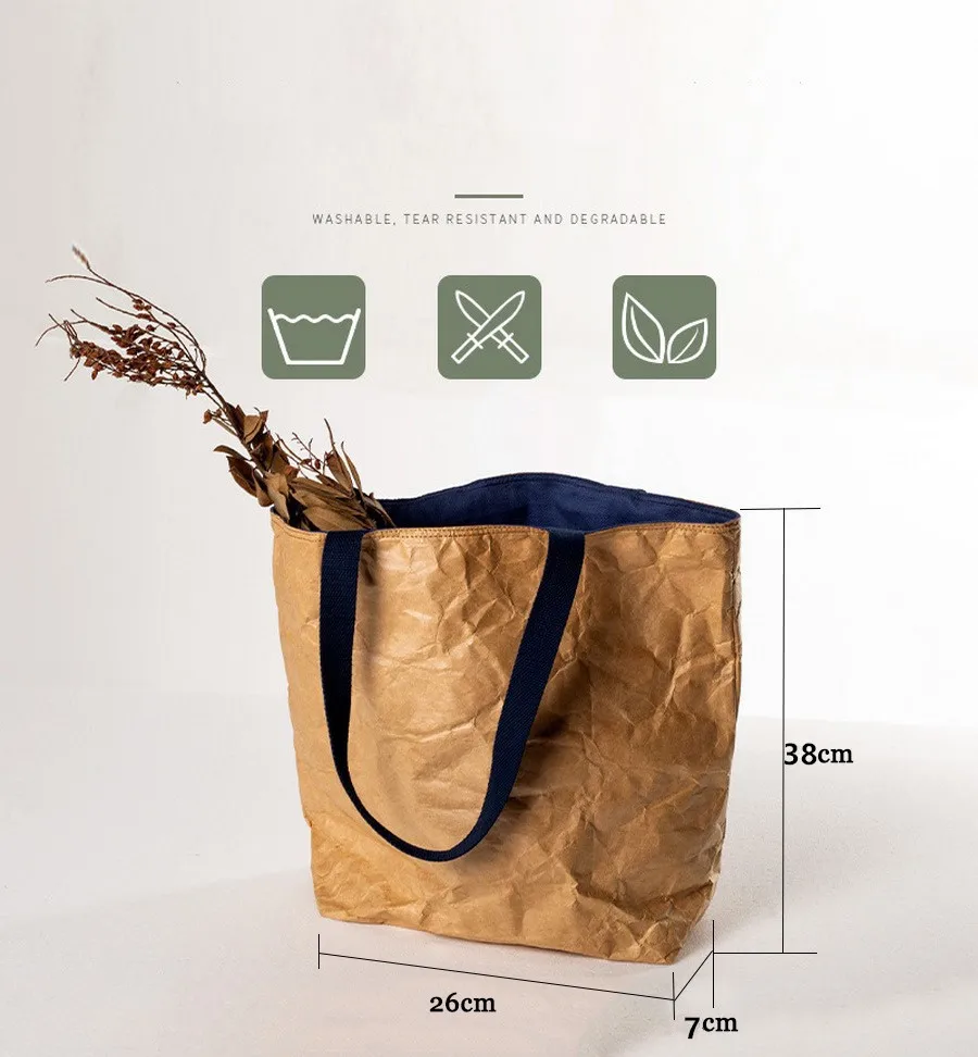 DuPont Paper Tote Bag Single Shoulder Handbag Elegant Washable Kraft Paper Canvas Shopping Bag TYVEK Waterproof