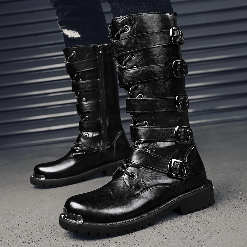 Black Fashion Punk Men Motorcycle Boots Zipper Leather High Boots for Man Metal Design Men\'s Rock Boots Plus Size 48 botas altas