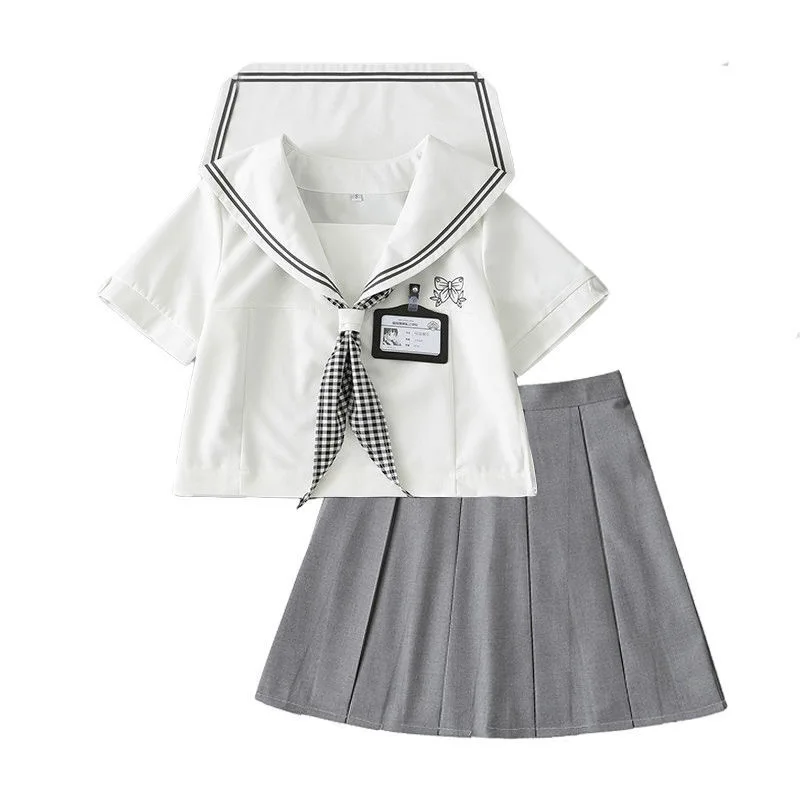 Uniforme japonés JK de cuello Kansai para mujer, traje de marinero, bufanda a cuadros, Falda plisada gris, traje de estilo universitario, primavera y verano