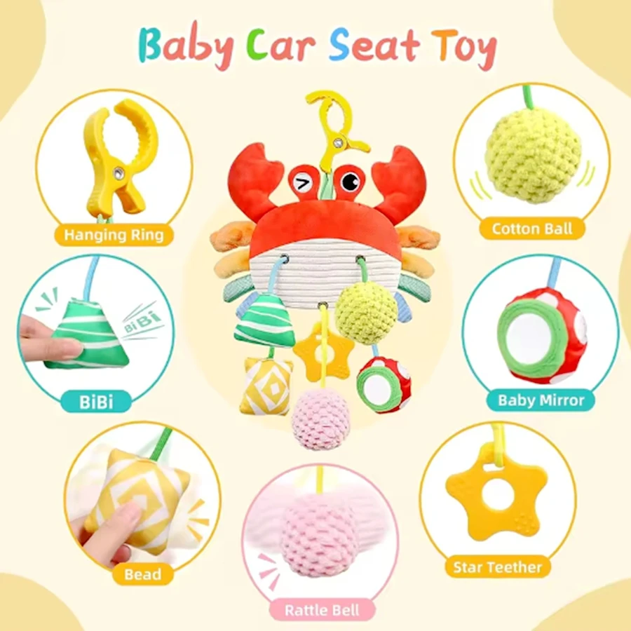 Christmas Decoration Baby Plush Toy Montessori Newborn Crib Bed Around Toy Crab Shape with Teether Rattle Sound Mirror Baby Toy