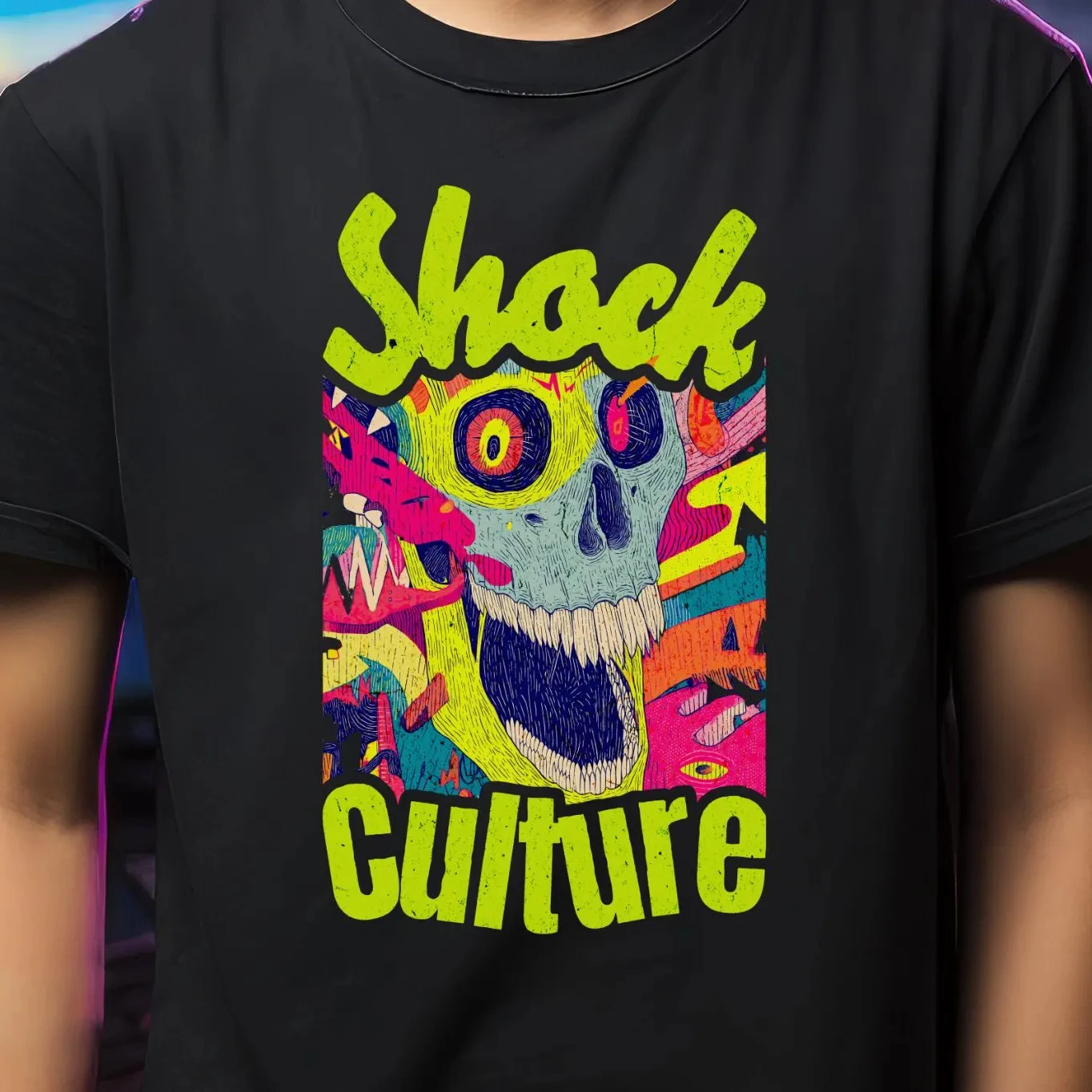 Skull Chaos Graphic Tee Streetwear Punk Pop Art T-shirt Shock Culture Neon Tee Edgy Graffiti Shirt Raw Rebellious Fashion Top