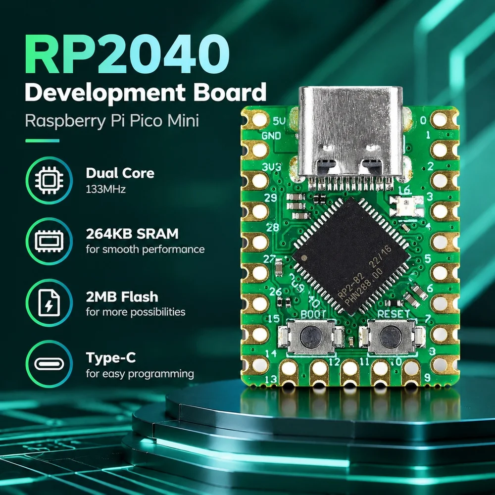 RP2040 Development Board Raspberry Pi Pico Mini Dual Core 264KB SRAM 133MHz 29pin Type C 2MB Flash Microcontroller Module