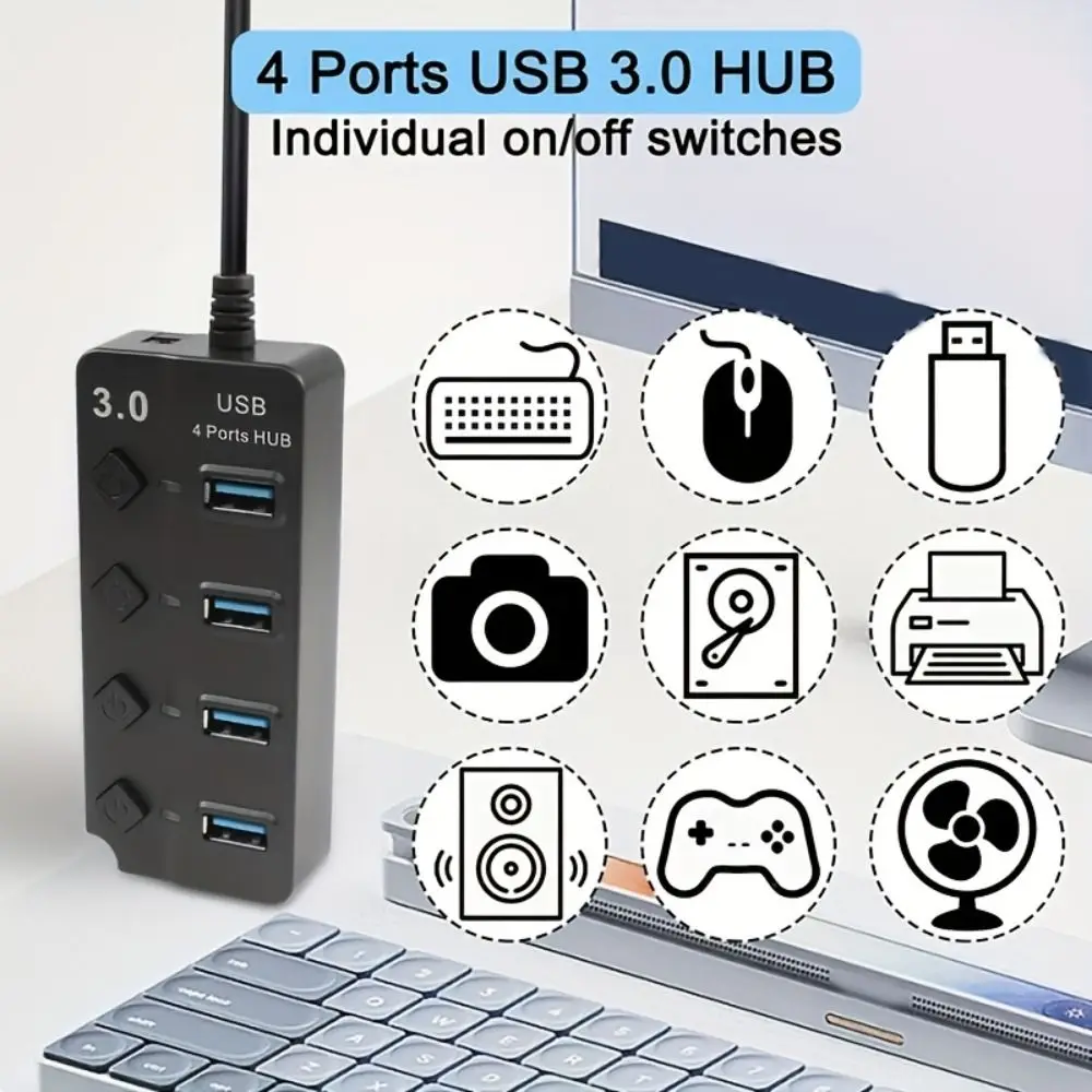 4 Port USB 3.0 Hub 5Gbps High Speed With Switch Multiple Expander Hub Power Adapter Long Cable Multi USB Splitter