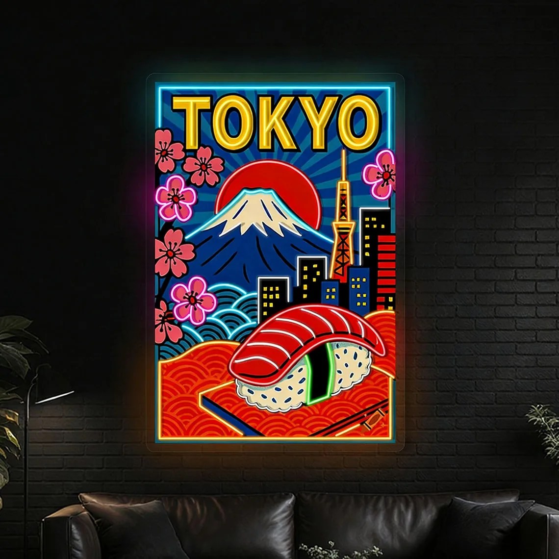 Imagen de letrero de neón del horizonte de sushi y la ciudad de Tokio para restaurante japonés, letrero de neón Retro de las noches de la ciudad de Tokio, arte UV, cartel de Sushi