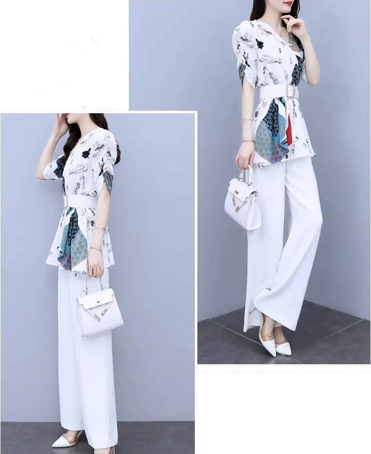 new spring summer office lady fashion casual plus size brand female women girls short sleeve chiffon shirt pants sets suits