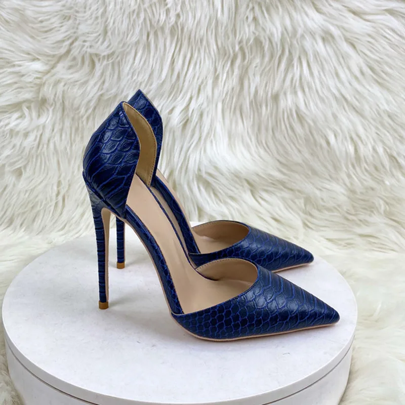 Ke Shang Jia  Navy Blue Crocodile Effect Pattern Women Sext Pointy Toe High Heel Shoes Chic Ladies Slip On Stiletto Pumps 33-45