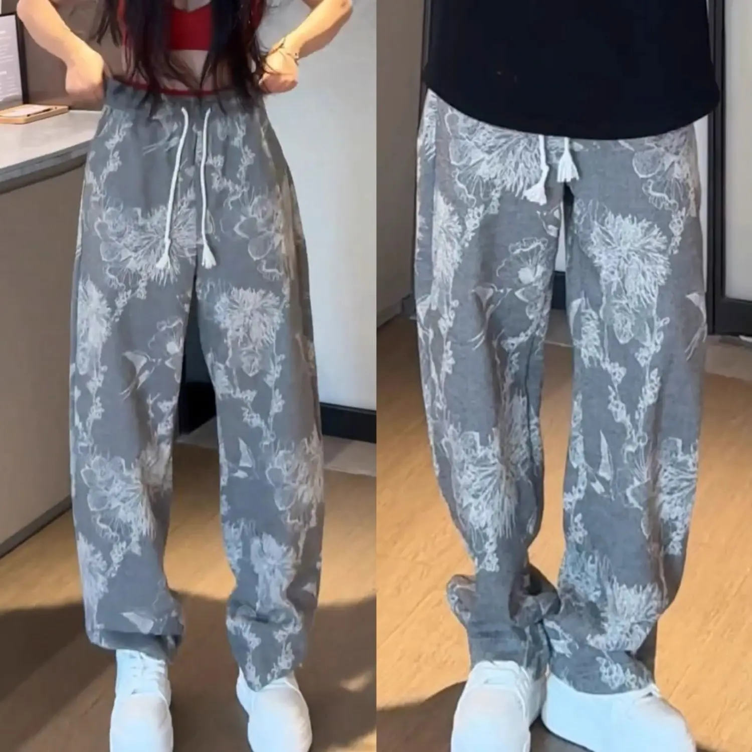 Весенне-осенние ретро новые цветочные персонализированные свободные прямые мужские модные брендовые повседневные брюки с широкими штанинами High Street