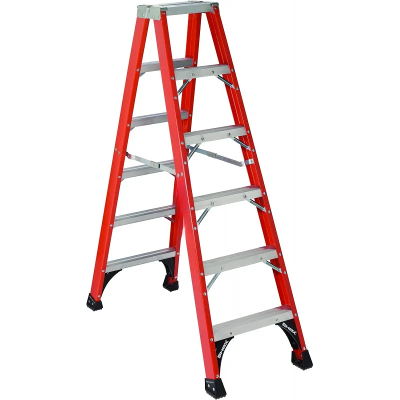 6Ft Fiberglass Twin Front Step Ladder, 375Lbs Load Capacity Type IAA, Heavy-Duty Anti-Slip Industrial Home Use