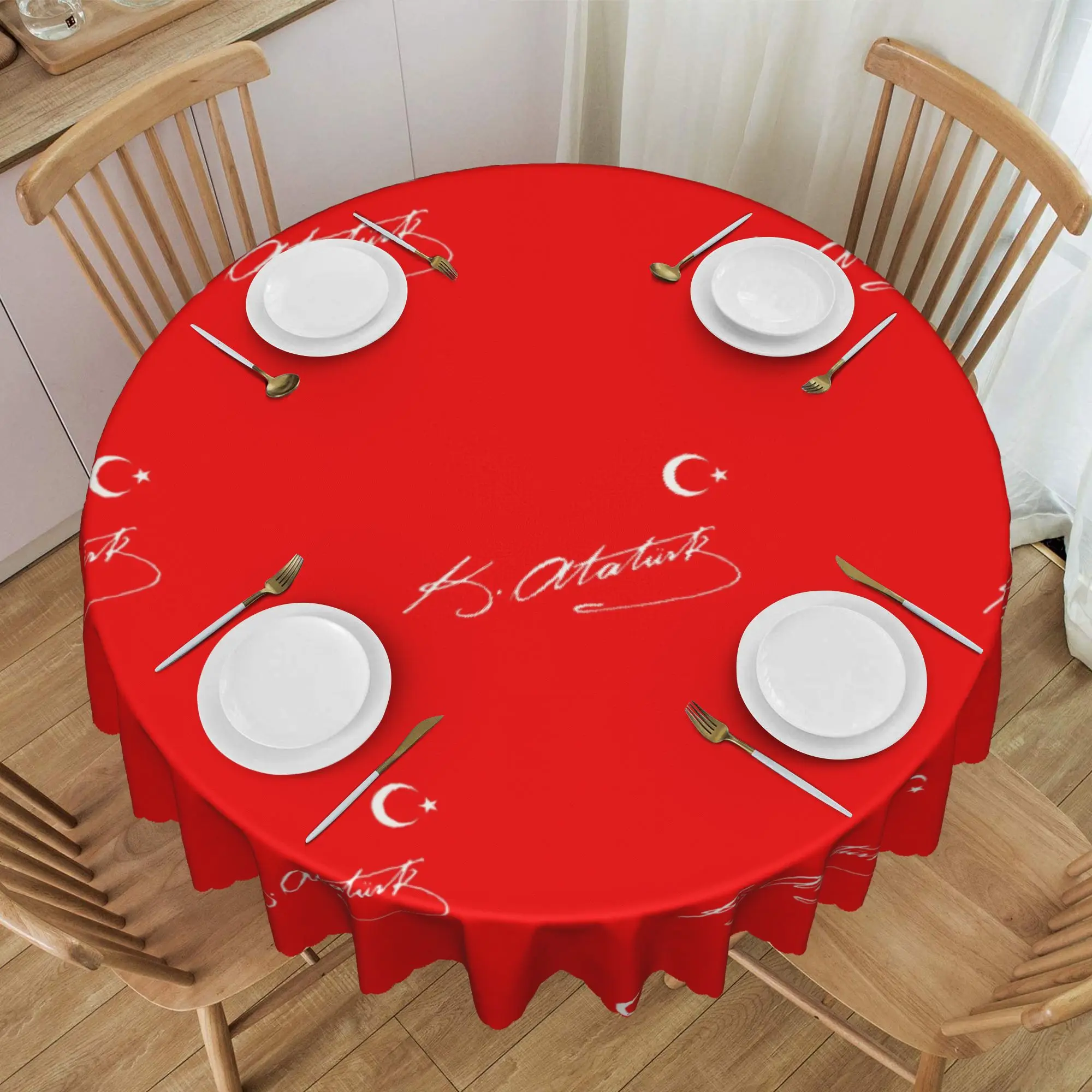 Nappe ronde avec signature d'Atatürk et drapeau turc, 0 pouces, housse de table du leader turc pour table de cuisine