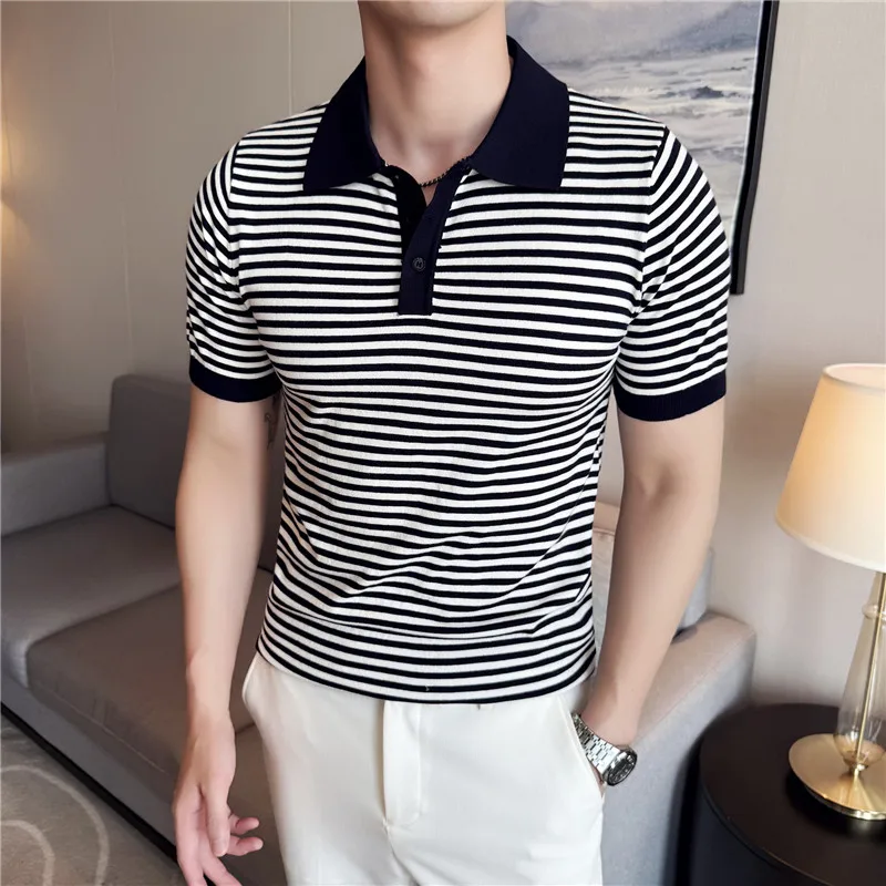 

Men High Stretch Knitted Polo Shirt Striped Short Sleeved Summer Light and Thin Slim Fit Top Solid Casual T-shirt Men Clothing
