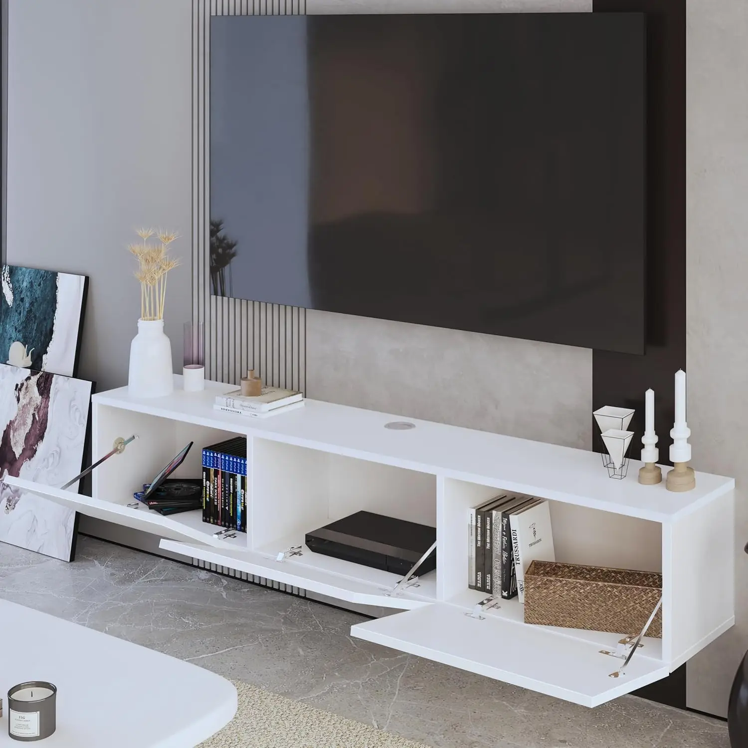 White Floating TV Stand Entertainment Center Media Console Living Room 65", Customized