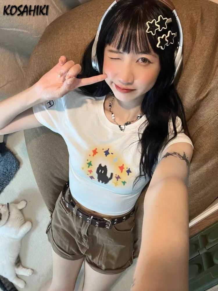 2024 Summer Harajuku White Cute Cat Printing T-shirt Casual Slim Fit Cropped Tops Women Short Sleeve Harajuku Y2k Aesthetic Tees