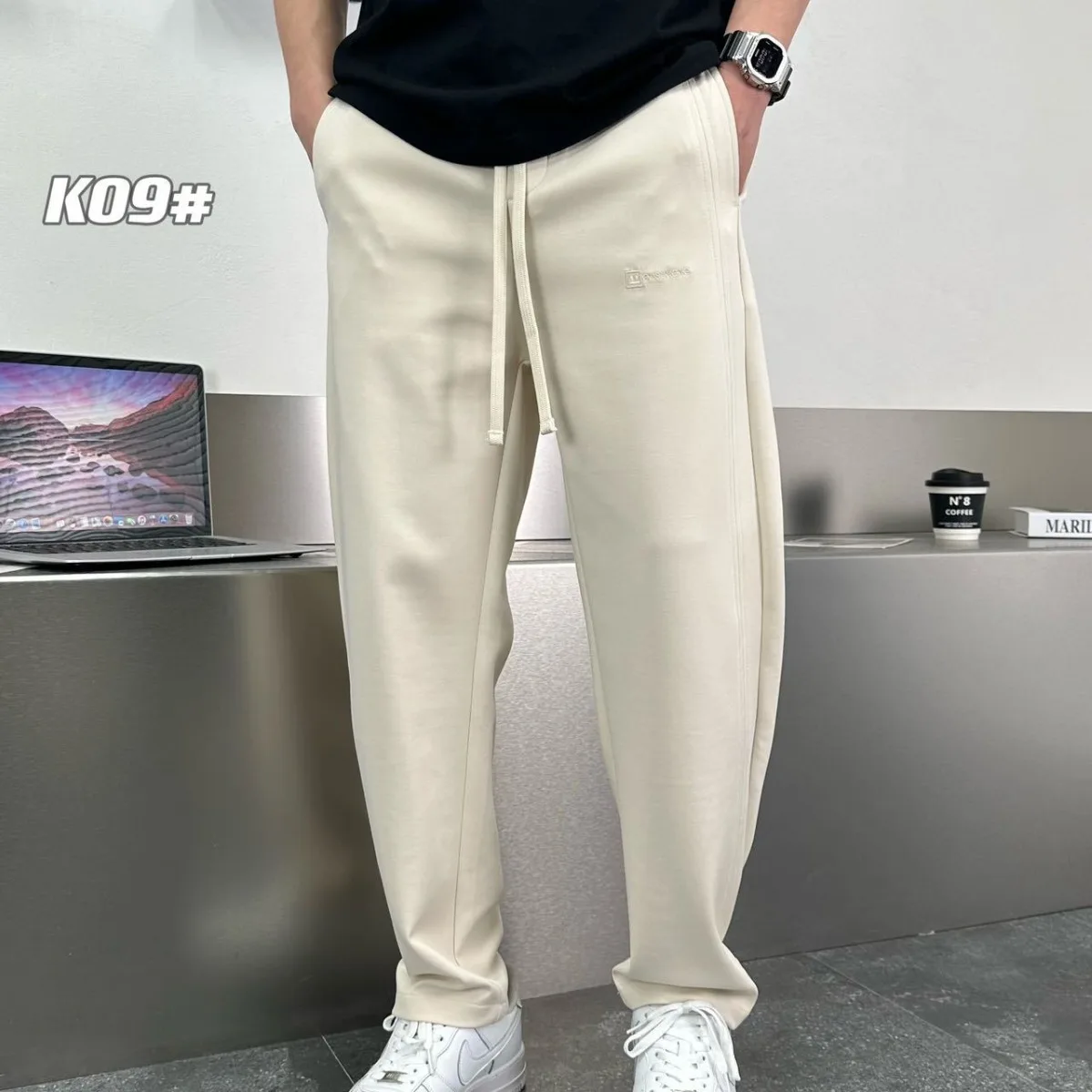 

Ice Sensation Liquid Niten Air Layer Casual Pants Elastic Waist Embroidery Masking Men's Faion Summer Thin Pure Color