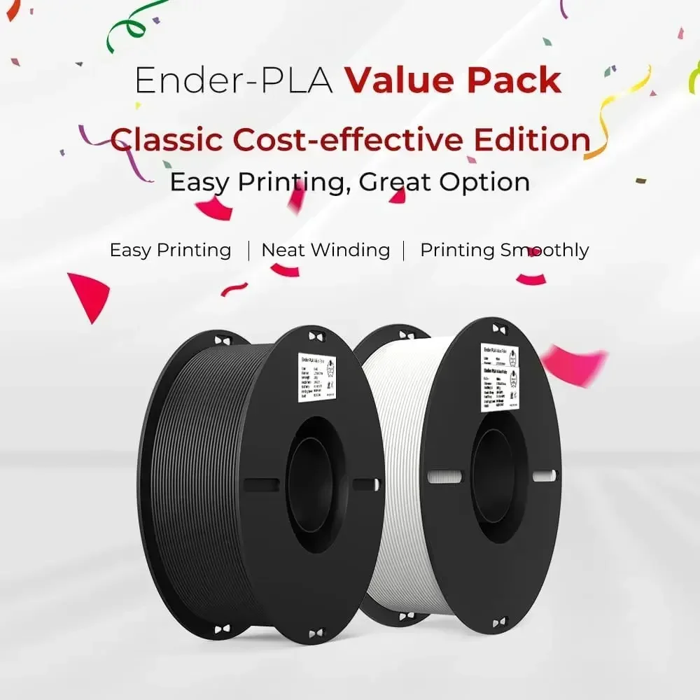 Creality Ender-PLA Value Pack 2KG PLA Filament 1.75mm PLA 3D Printer Filament Fit Most 3d Printer White and Black 2 Spools Pack