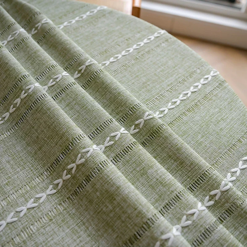Green Round Tablecloth Striped Embroidered Table Cover Farmhouse Tassel Table Cloth for Table Kitchen Dining Room Tabletop Decor