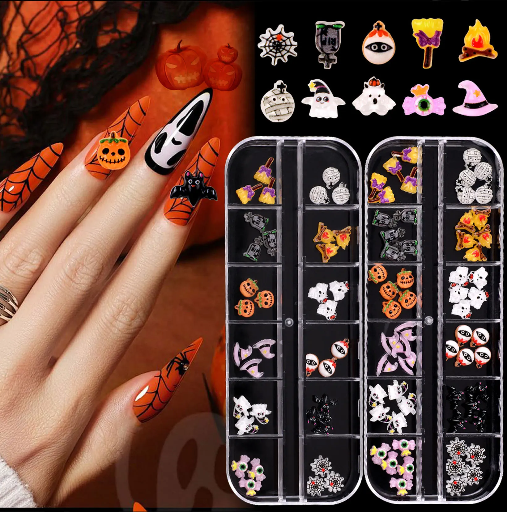 Halloween Nail Art Set, 3D Cartoon Nail Decorations, Includes Ghost, Spider, Devil, Pumpkin, Cute and Funny Style, DIY Nail Acce