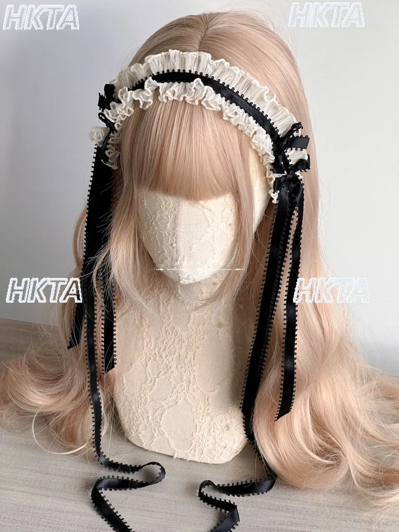 Lolita – bandeaux roses plissés à la main, doux et mignons, polyvalents, couvre-chef pour femmes, couture en dentelle, accessoires de Cosplay, bandeaux de poupée