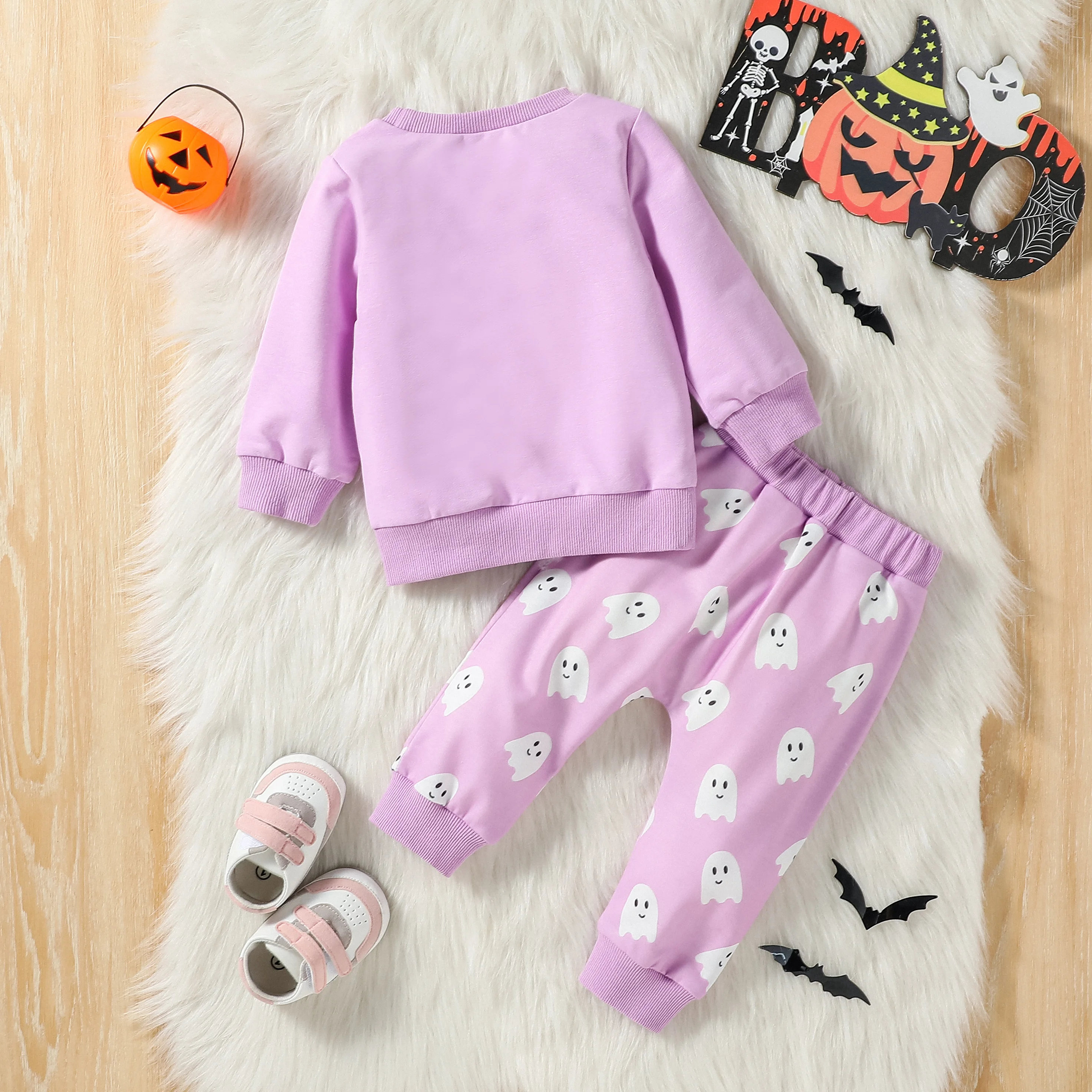 2024 2Pcs Baby Girls Autumn Long Sleeve Purple Print Ghost For Halloween Sweatshirt Set New Style