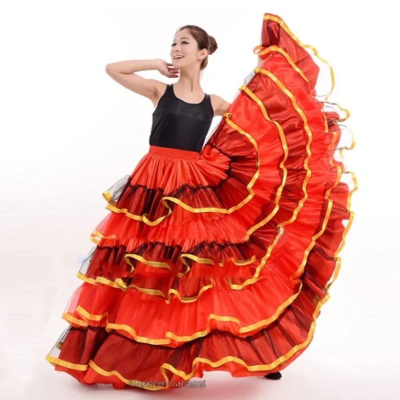 Spanish Red Girls 18-720 Degree Big Swing Flamenco Skirt Women Gypsy Bullfight Belly Dance Dress Performance Stage Dance Costume