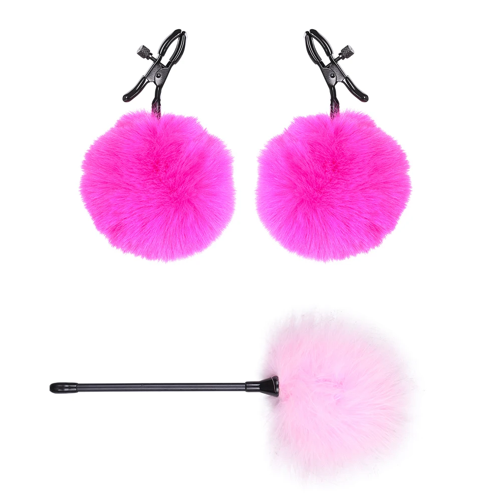 Nipple Clamps with Chain Metal Fuzzy Nipple Clip with Feather Tickle Breast Jewelry for Women and Men Sex Play SM Toys