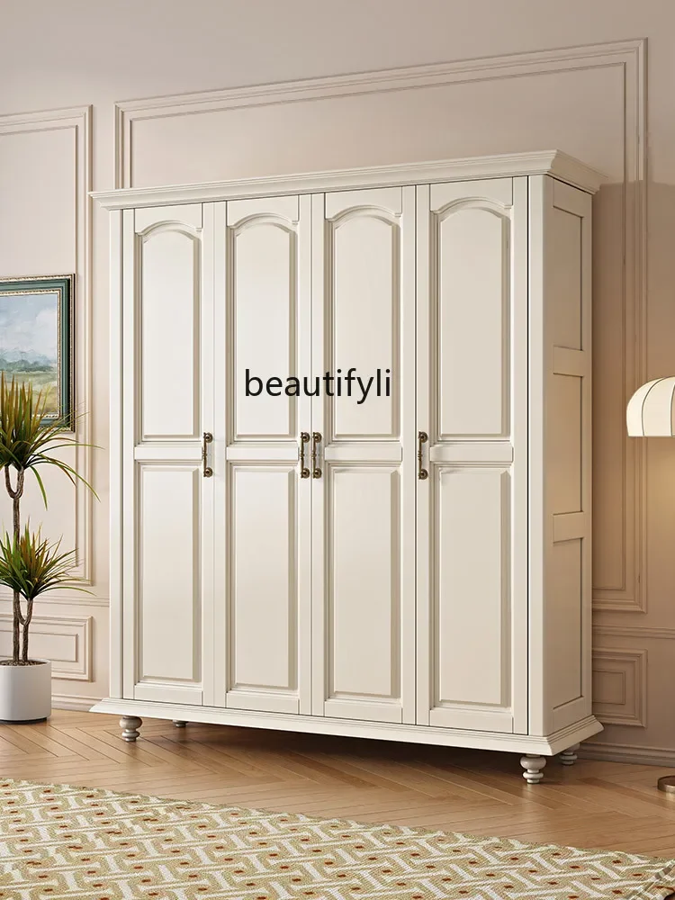 American Cream Style White Solid Wood Wardrobe Home Bedroom Wardrobe Three Door Princess Four-Door Wardrobe