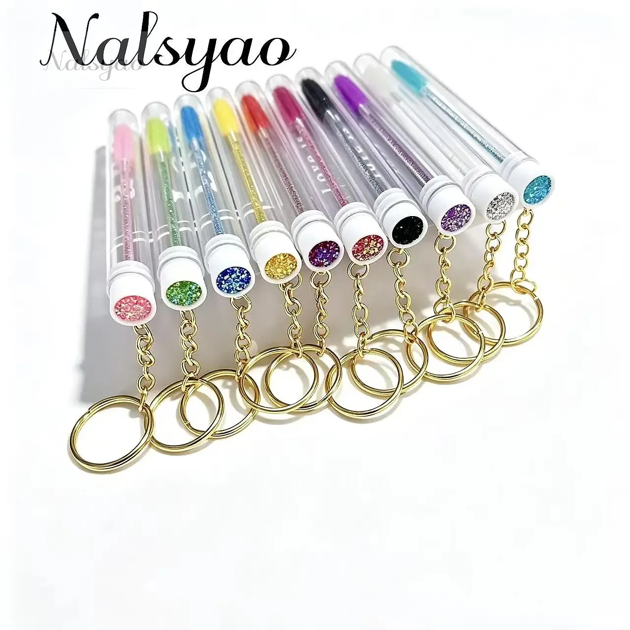 10 Pcs Mascara Tools Tube Eyelash Brush with Gold Keychain Glitter Wand for Women Lash Extension Micro Comb Container Makeup
