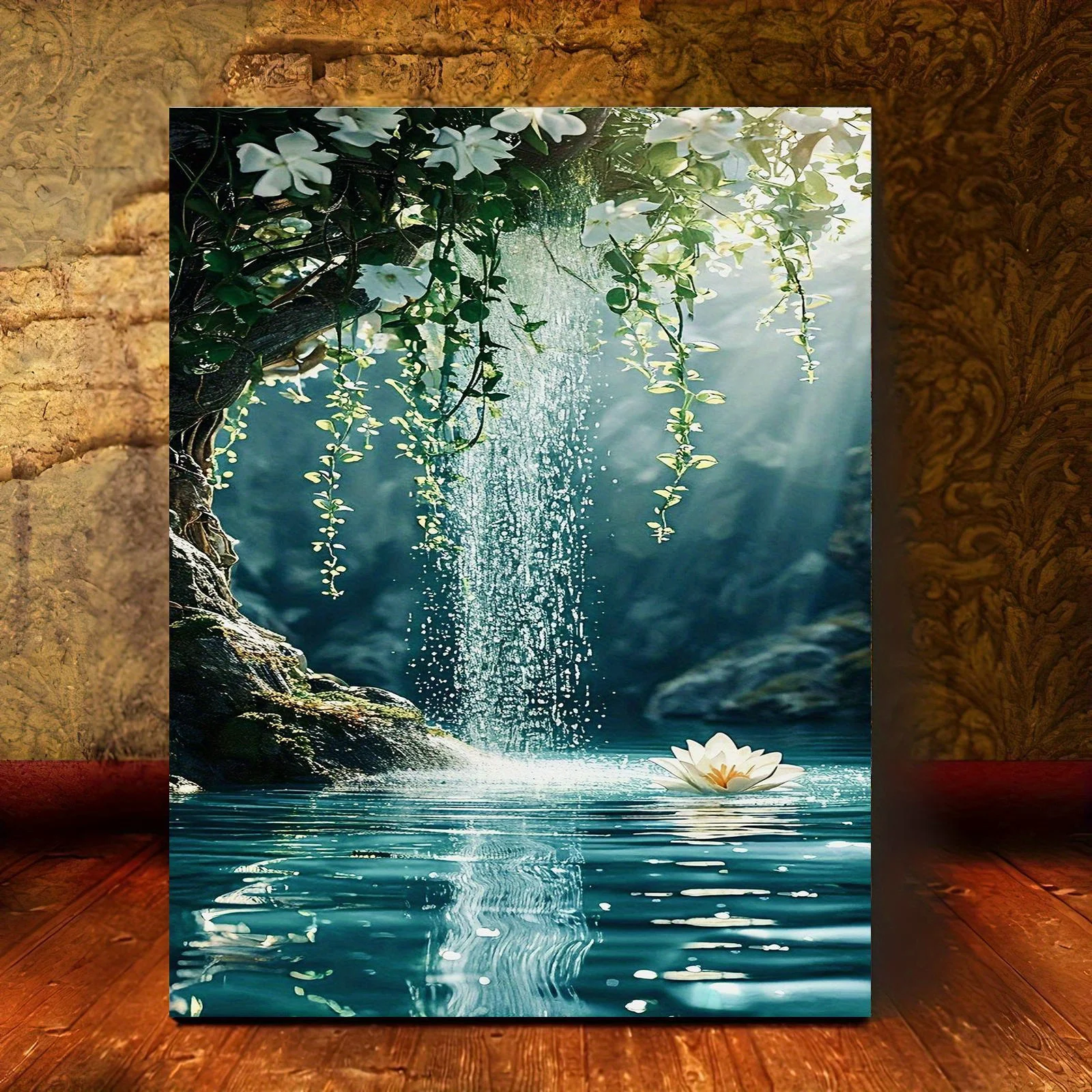 

500/1000/1200/2000pcs Scenic Theme Jigsaw Puzzle, Dreamy Flowers, Tranquil Lotus Under Waterfall,Frameless
