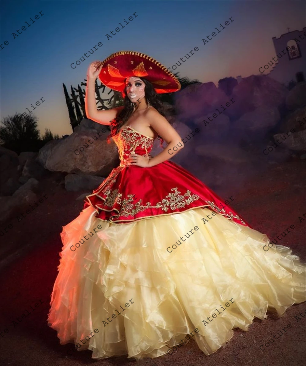 Vestidos de quinceañera bordados de terciopelo rojo fruncido de tul mexicano, vestido de baile de princesa dulce 16, vestido de novia 2024