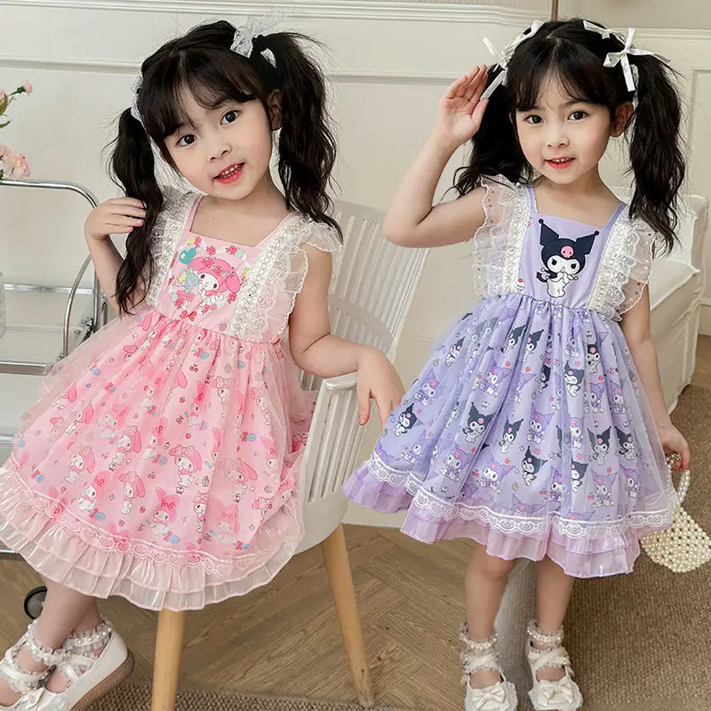 Fashion Summer Sanrio Baby Girls Dress 2024 New Kids Kuromi MyMelody Lace Short Sleeved Princess Dresses Children Party Costumes