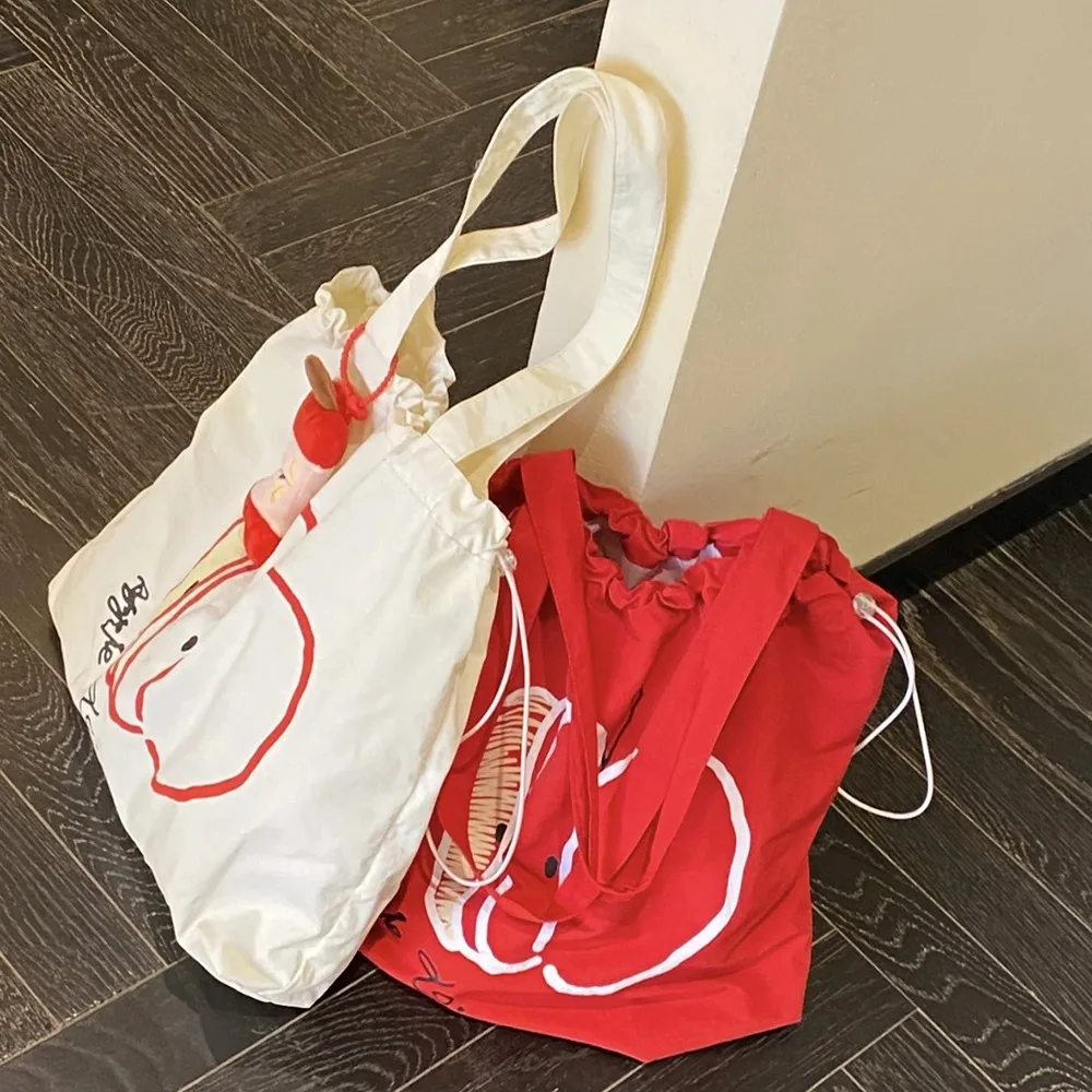 

Portable Drawstring Shoulder Bag Korean Style Reusable Canvas Shopping Bag Fruits Printed Grocery Bag Commuting Tote Bag Outdoor