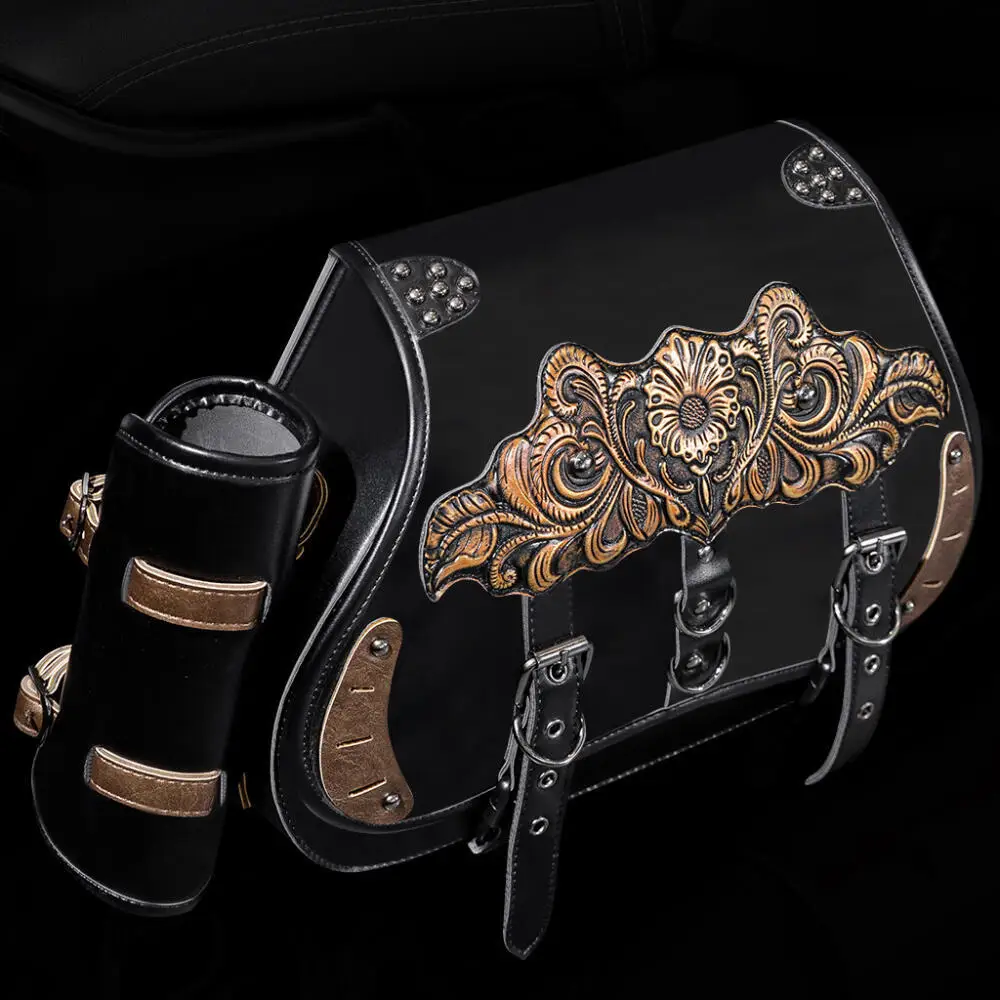 Industrial Retro Style Heavy-Duty Motorcycle Side Bag Embossing Flower Partern Pu Leather Knight Medieval Steampunk