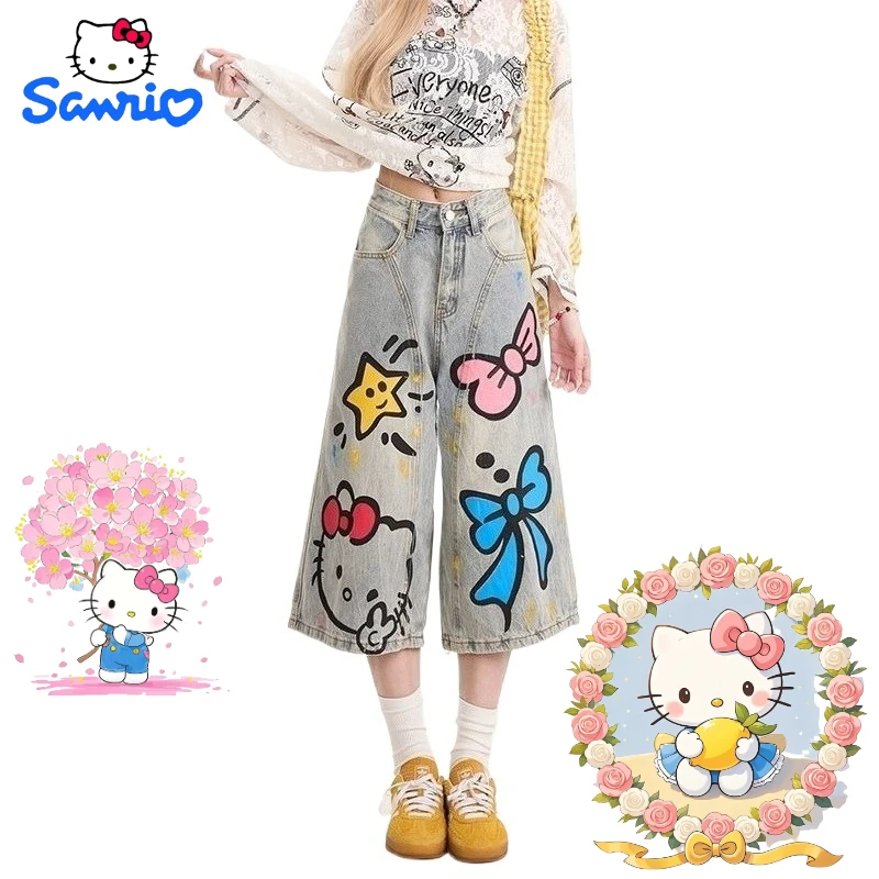 

Sanrio Hello Kitty, милые джинсы с героями мультфильмов, креативные кавайные летние свободные и милые брюки с принтом для девочек, периферийные подарки в стиле аниме