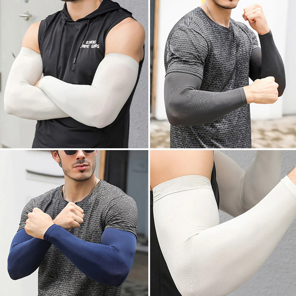 Mangas de brazo de protección solar de seda de hielo para hombres, calentador de brazo elástico de Color sólido, cubiertas de protección solar de secado rápido para ciclismo al aire libre y pesca, Verano