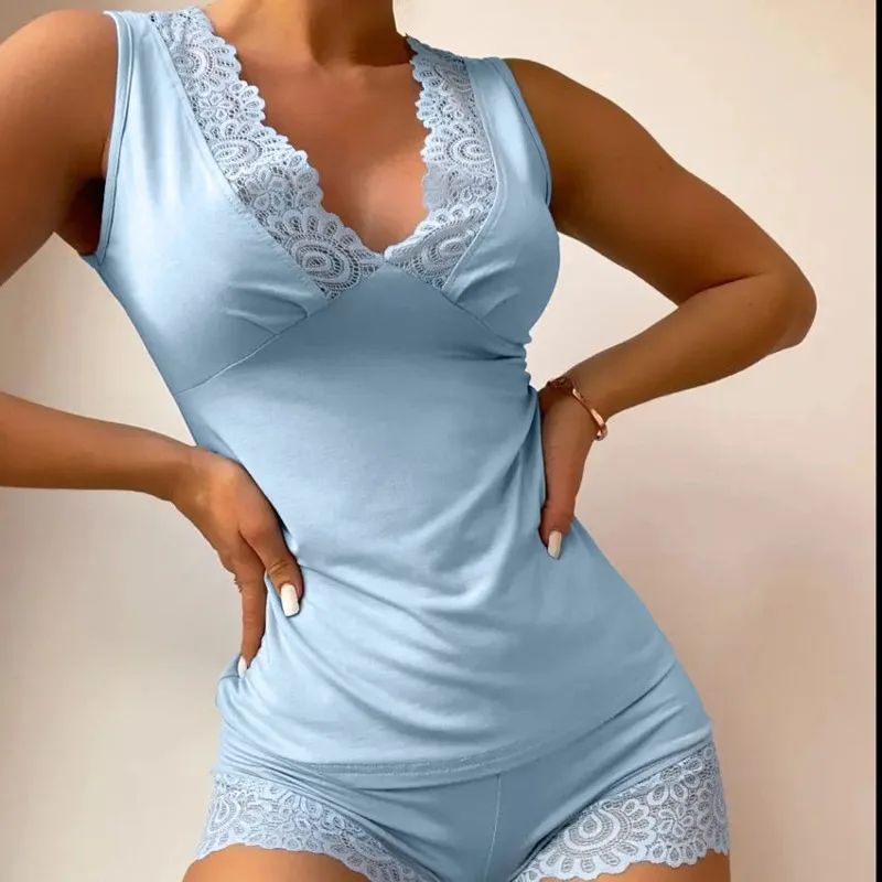 

Новая весенняя коллекция 2026: Женский сексуальный пижамный комплект с глубоким V-образным вырезом и кружевом, шорты, мягкая удобная домашняя одежда, размер L