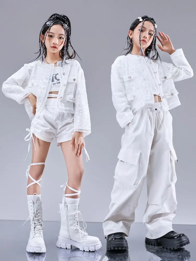 Kid Hip Hop Clothing White Sequined Short Jacket Top Casual Wide Pockets Cargo Pants Shorts for Girl Jazz Dance Costumes Clothes