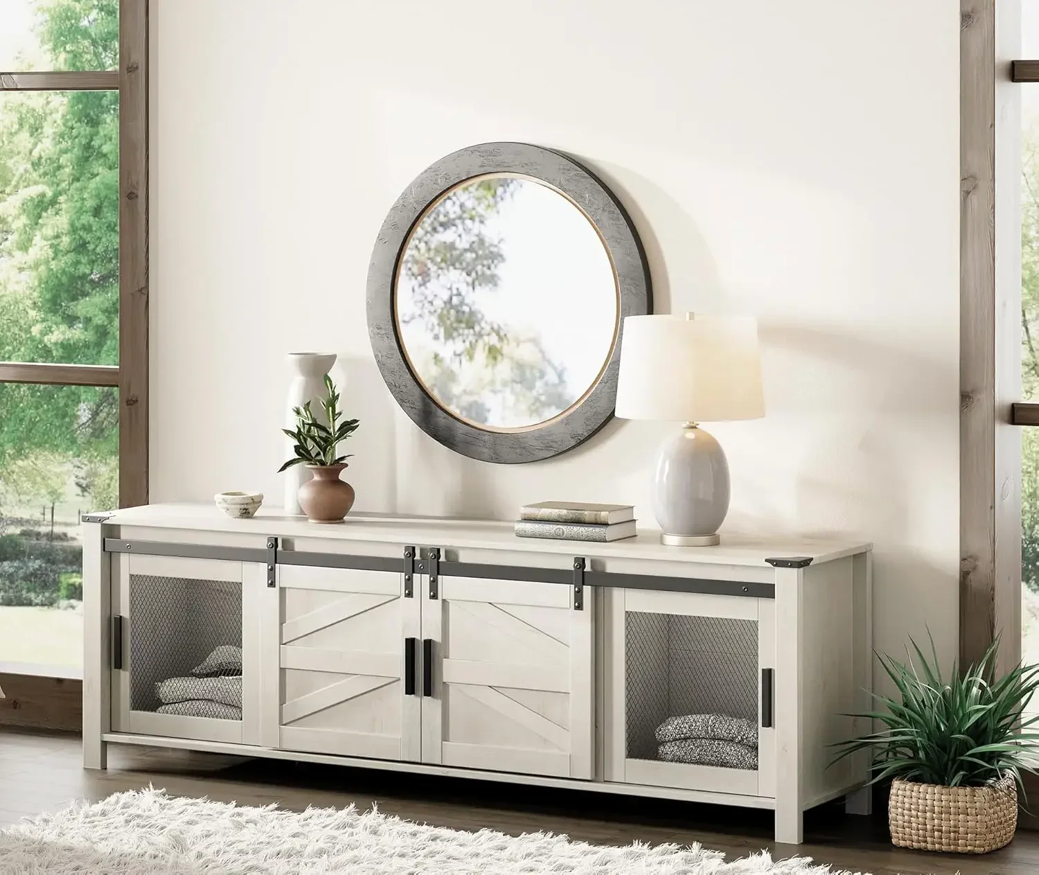 

Farmhouse TV Stand for 75 inch TV, 70" Wood Sliding Barn Door Media TV Console Table , Entertainment Center ，Antique White