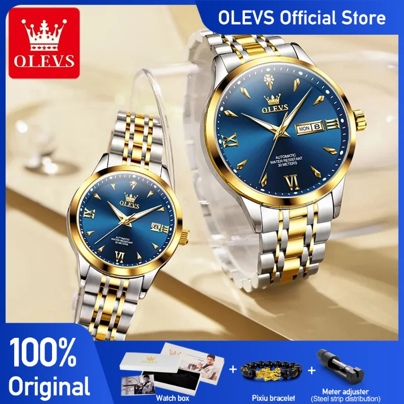 

OLEVS 9956 часы для пар, роскошные механические наручные часы, водонепроницаемые светящиеся часы из нержавеющей стали с датой на день, подарки для пары, новинка