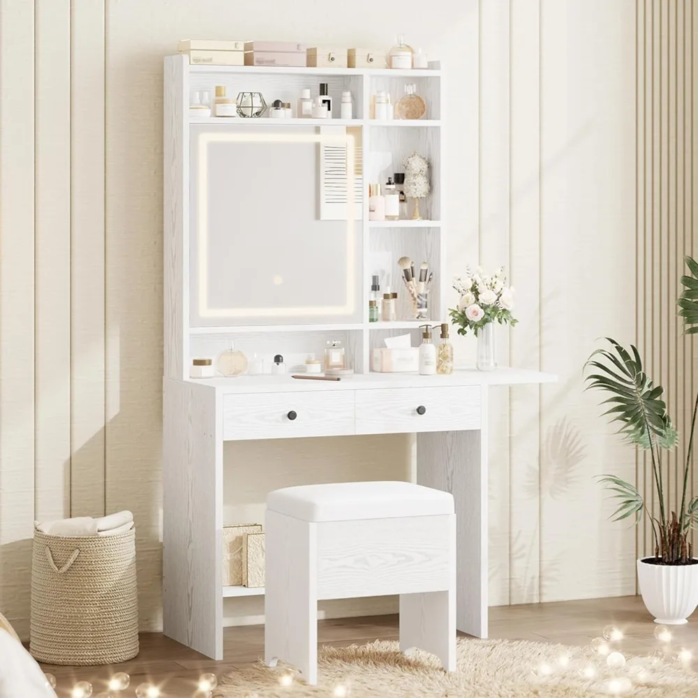 Vanity Desk with Mirror and LED Lights, Jewelry Cabinet, Makeup Dressing Table Set with Drawers, Storage Shelves, for Bedroom,