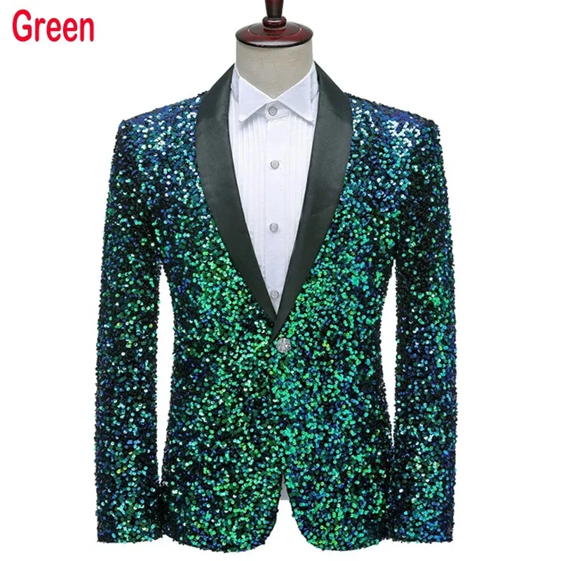 

Shiny Green Sequins Bling Glitter Blazer Men 2023 Shawl Collar One Button Tuxedo Suits&Blazer Mens Wedding Party Stage Costumes