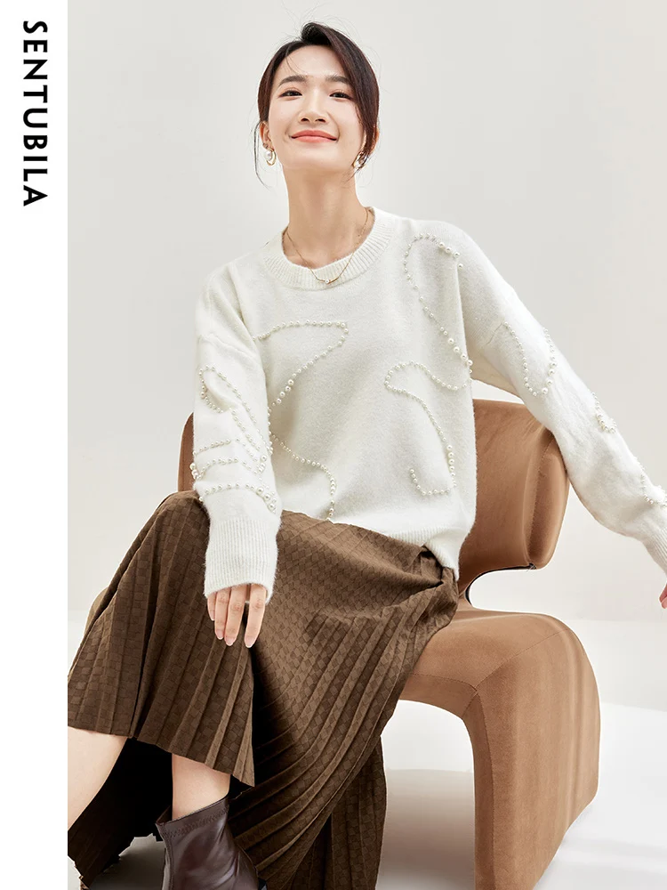 SENTUBILA Spring Elegant Matching Sets 2024 O-neck Sweater A-line Pleated Midi Skirt Set Woman 2 Pieces Skirt and Top 733Z51798Z