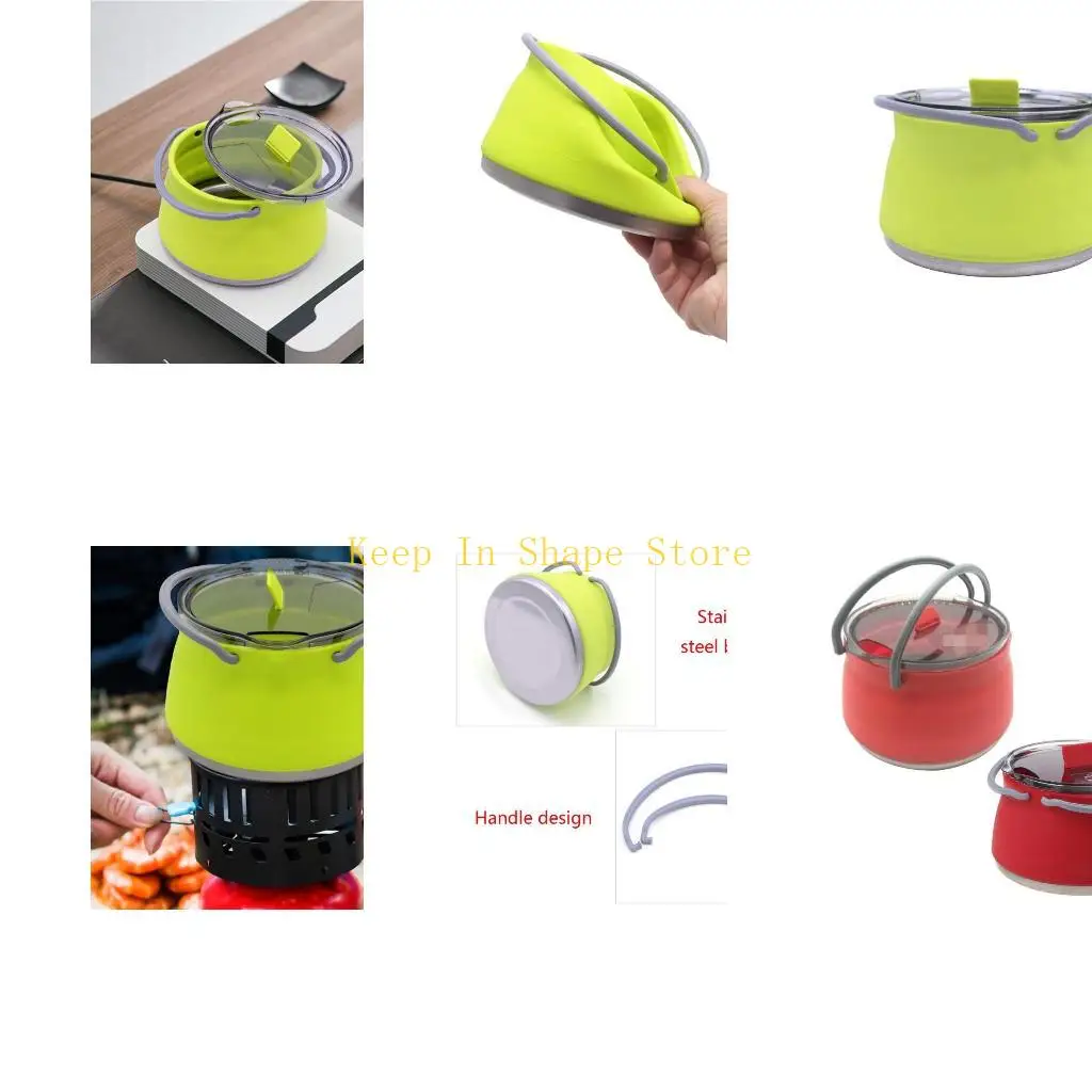 U1JC Portable Folding Silicone Kettle Collapsible Stainless Steel Bottom Water Boiler Pot Outdoor Hiking Water Boiling Teapot