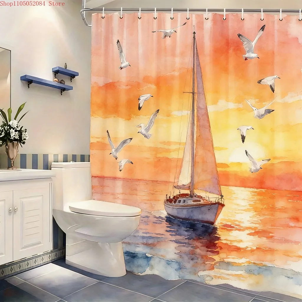 Watercolor Sunset Ocean Sailboat & Seagulls Waterproof Shower Curtain for Bathroom Decor multiple sizes