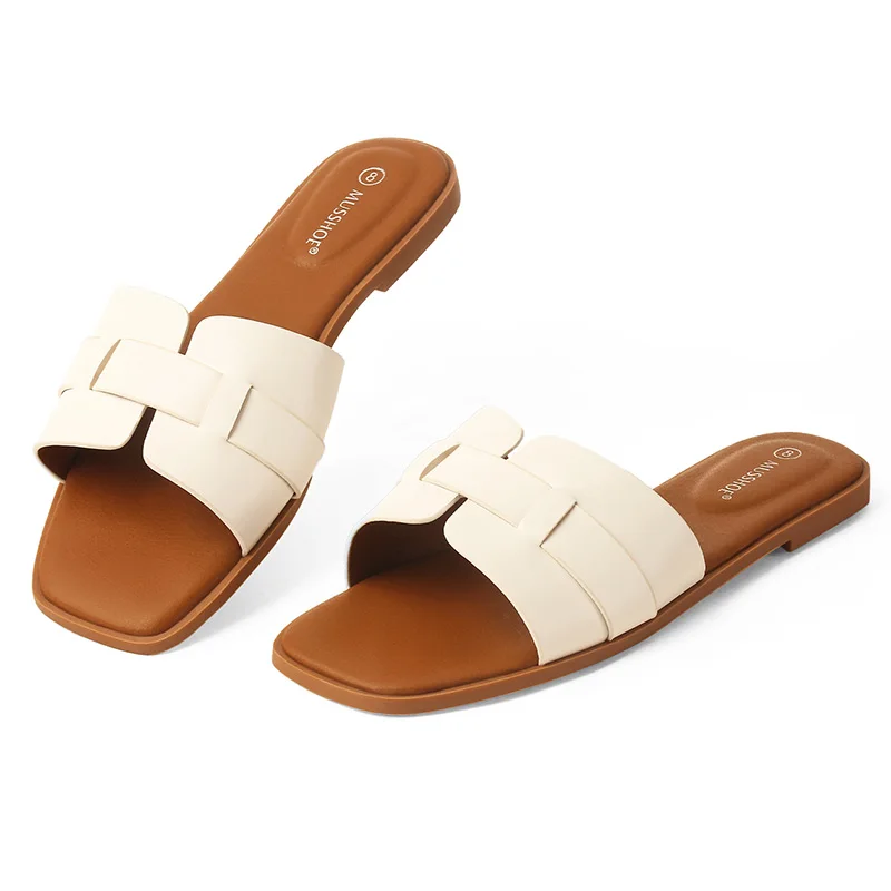 Womens Sandals Square Toe Flat Slippers Women Wide Fit Leather Slides Dressy Summer Shoes Outdoor Daily Casual Shoes